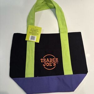 Trader Joe's Black and Purple Mini Canvas Tote Bag with Green Handles